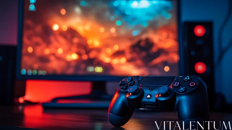 Game controller on desk before blurred monitor display.