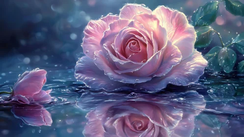 Pink Rose Floating on Water with Reflection.