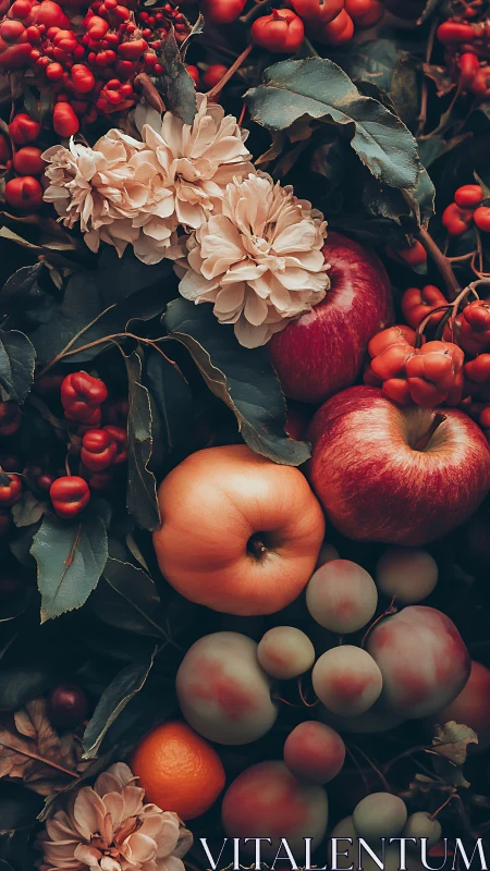 Moody still life with autumn fruits and pale blooms.