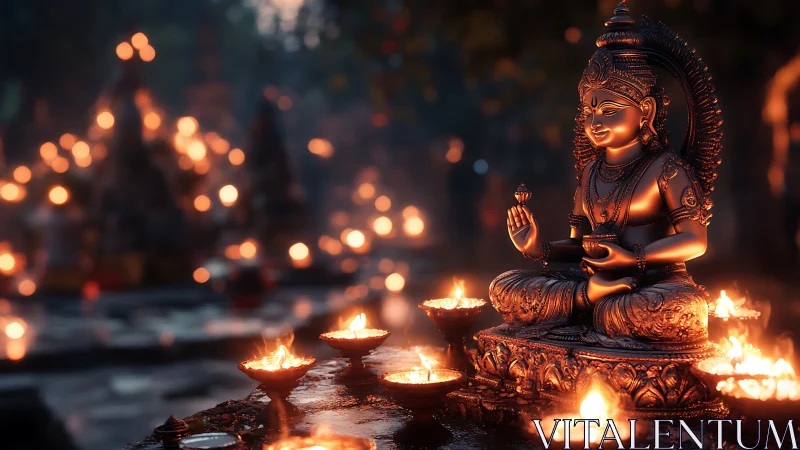 Bronze goddess statue amid glowing oil lamps at dusk.