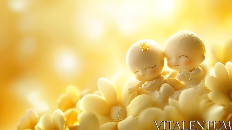 Ceramic figures positioned on white petaled flowers with golden ambient lighting.
