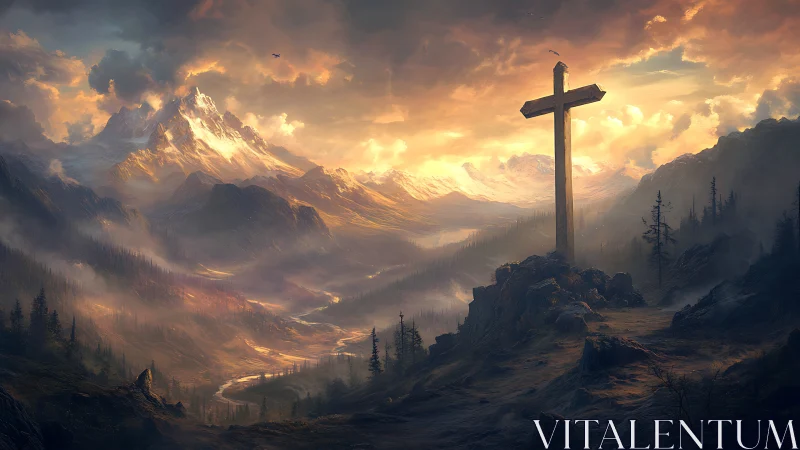 Monolithic wooden cross above glacial valley at solar dusk.