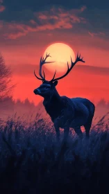 Deer silhouette in dusk field before large setting sun.