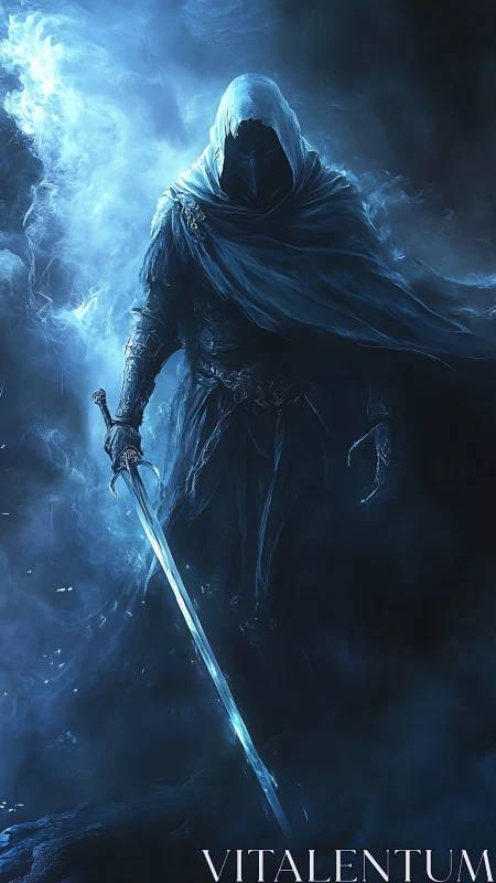 Hooded swordsman in blue-tinged mist and shadowed environment.