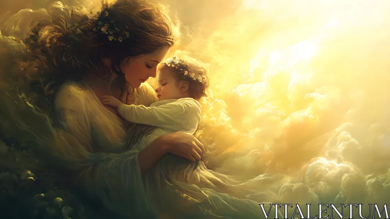 Mother cradles child within luminous celestial clouds.