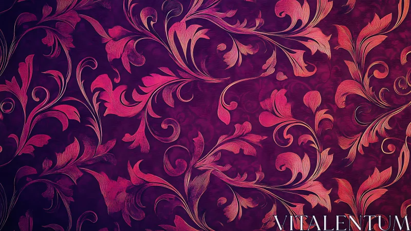 Warm magenta floral swirls on rich vintage wallpaper.