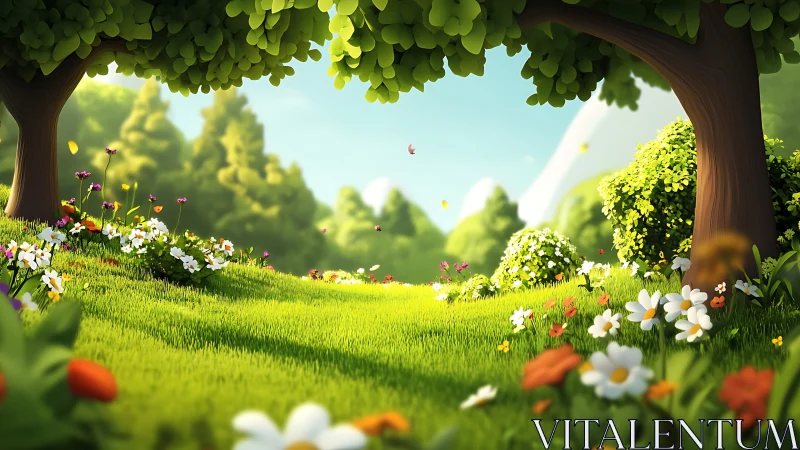 Sunny meadow glows beneath lush trees and wildflowers.