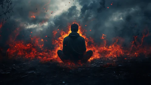 Calm figure finds quiet strength inside a blazing fire ring