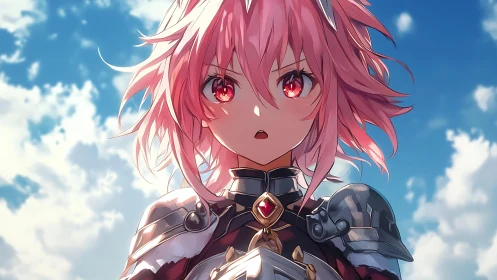 Armored pink‑haired anime knight under high key sky lighting