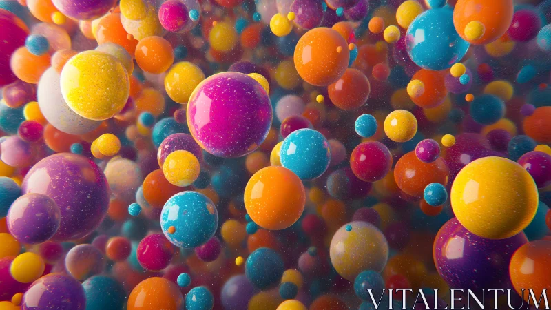 Multicolored glossy spheres suspended in dense abstract field.