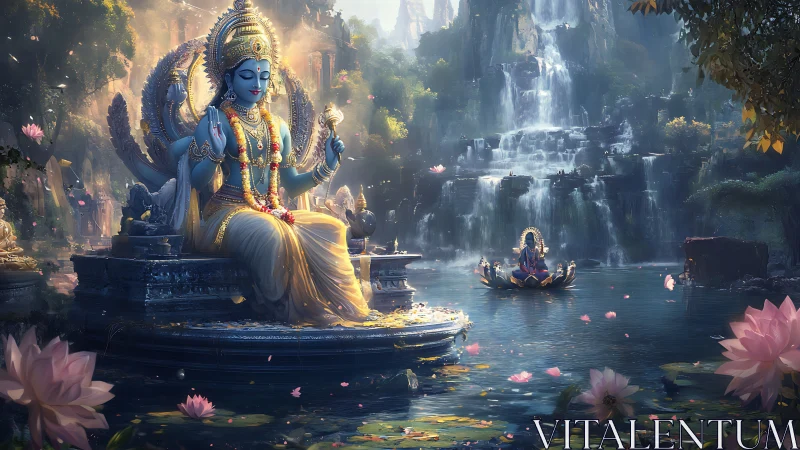 Serene blue deity by lotus lake in a dreamy waterfall haven.