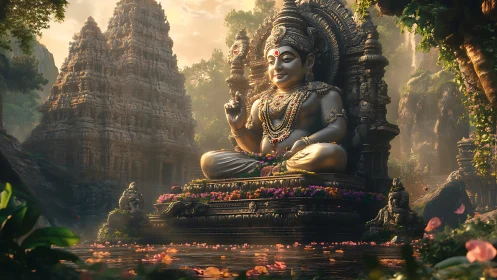 Golden deity statue in lush jungle temple sanctuary at dusk.