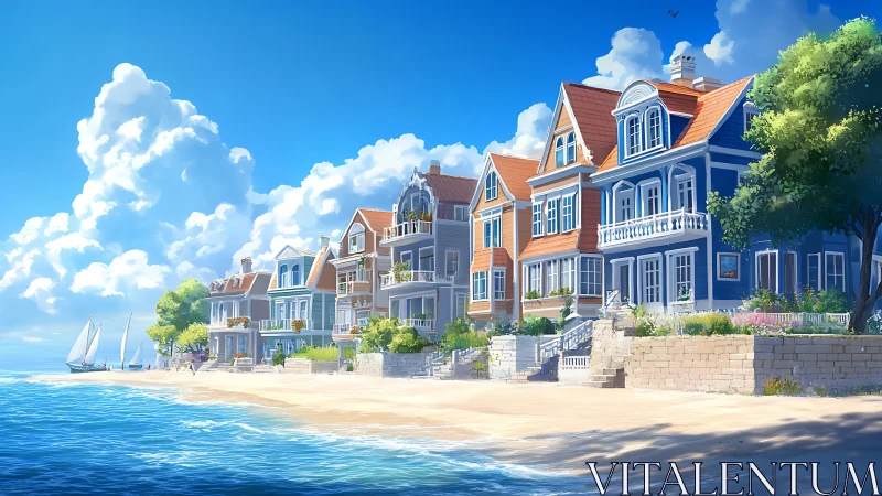 Sunlit seaside townhouses glow under towering summer clouds