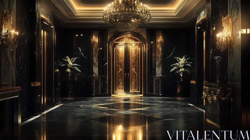 Grand marble corridor with ornate golden elevator doors.