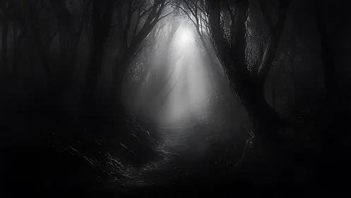 Dark forest path under eerie white light beam at night.