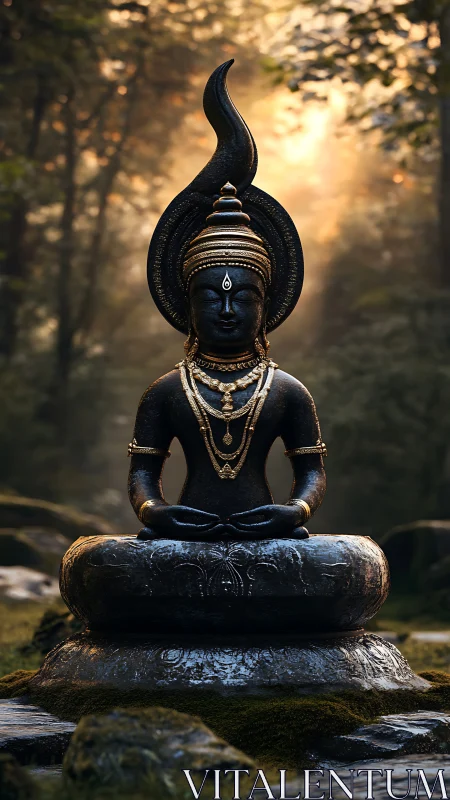Bronze meditative deity statue in forest with volumetric backlight