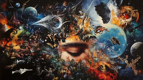 Cosmic battlefield forms around closed eyes within star field