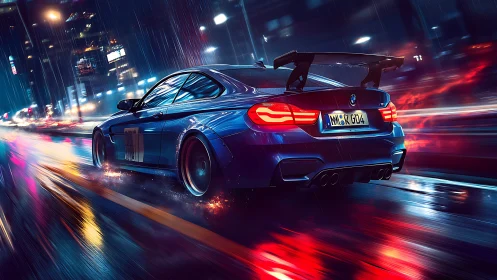 Midnight sports car races through neon soaked city streets