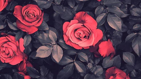 Vibrant Red Roses with Dark Foliage in Natural Light