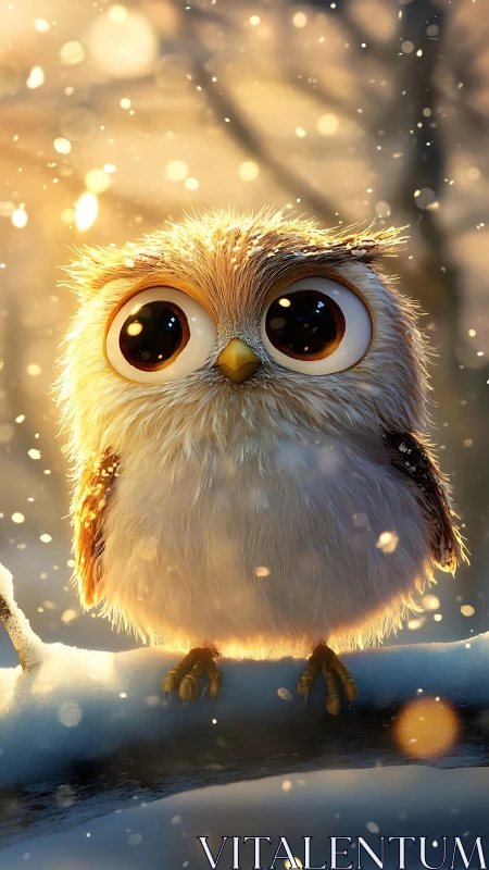 Snow-dusted baby owl glowing in golden winter hush.