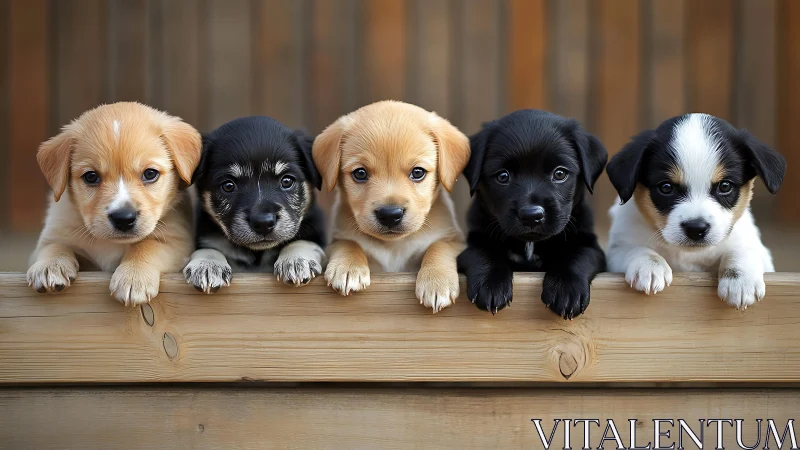 Curious puppy lineup sharing one cozy wooden front row.