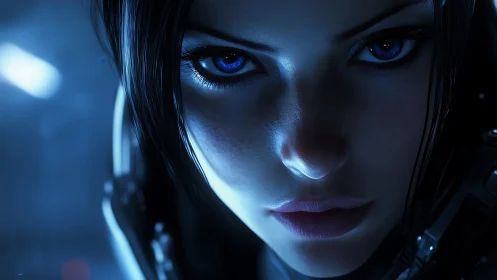 Close-up sci-fi portrait shows blue-eyed woman under cold light
