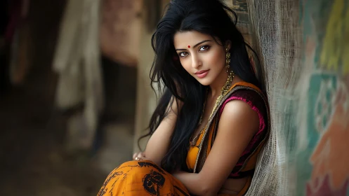 Elegant Indian woman in traditional attire, vibrant portrait style.