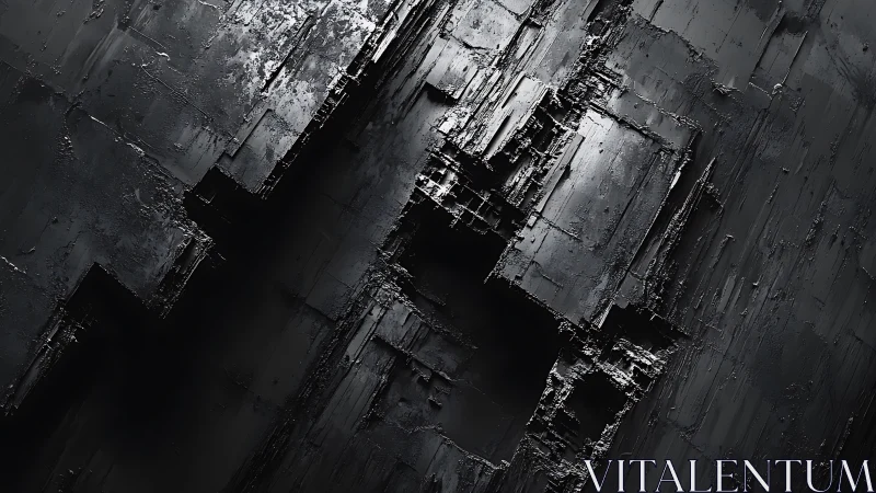 Monolithic black industrial relief with fractured geometric strata