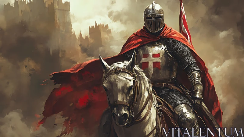 Ironclad crusader rides through storm-smudged castle skies