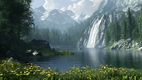 Gentle waterfall pours into a calm alpine lake of wildflowers