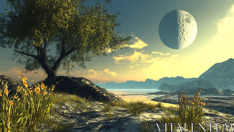 Alien coastal landscape with crescent planet in sky.