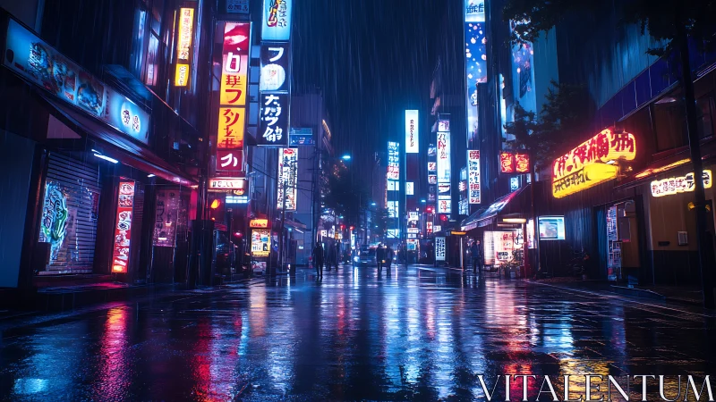 Neon city street glowing softly under a calm midnight rain.