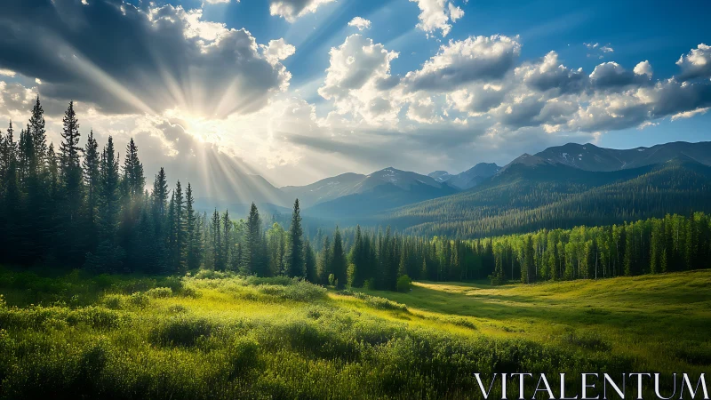 Backlit alpine valley with volumetric crepuscular rays and dense firs