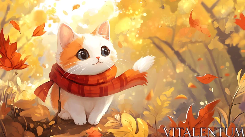 Animated White Kitten Wearing Red Plaid Scarf Among Autumn Foliage