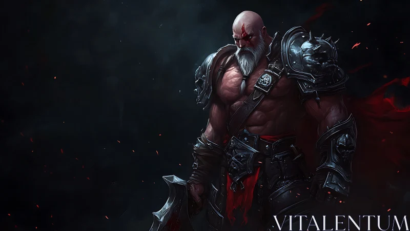 Battle-scarred warlord stands brooding in ember-lit darkness