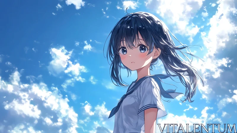 Anime girl in sailor uniform under bright blue sky.