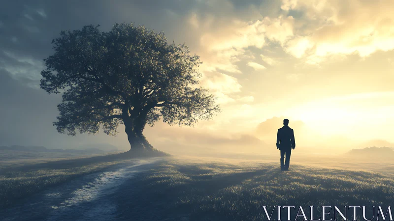 Solitary figure walking toward luminous sunrise horizon.