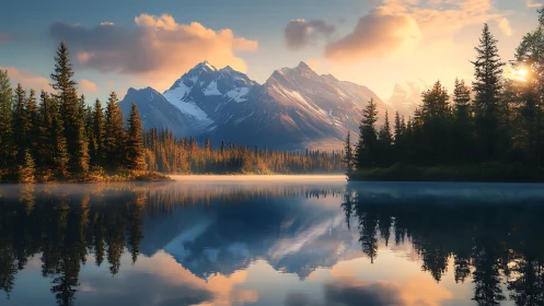 Golden mountain lake sunrise with peaceful forest reflections.