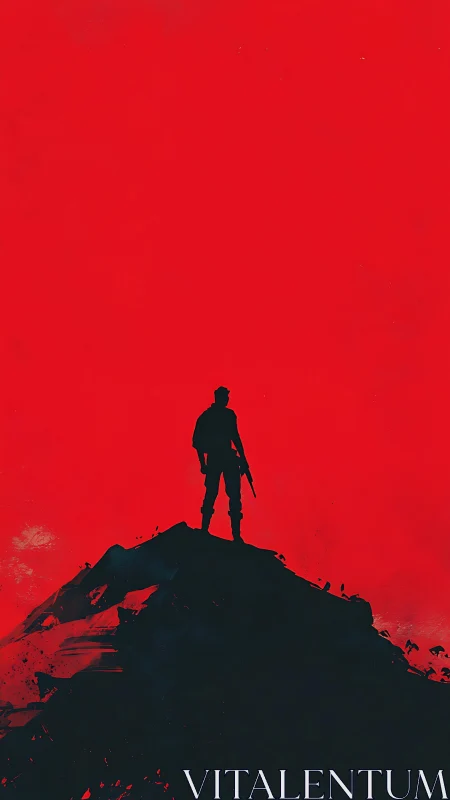 Minimalist digital painting of lone armed figure on summit.