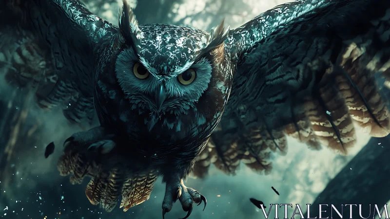Majestic Owl in Flight, Dramatic Forest Setting, Cinematic Style.