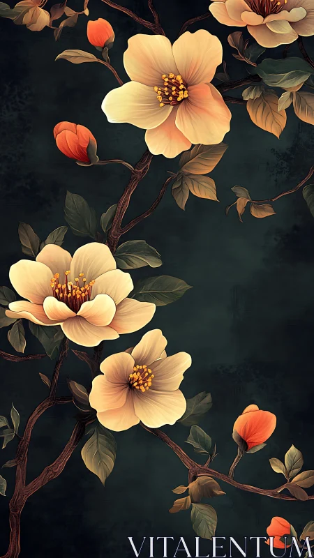 Nocturnal Blooms Dance Where Crimson Buds Meet Golden Fire