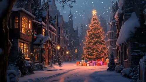 Snowy town square with glowing Christmas tree centerpiece.