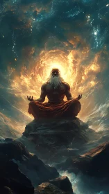 Cosmic sage meditating in a glowing storm of starlight.