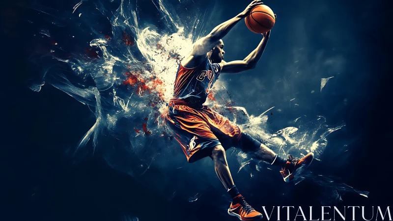 Soaring basketball player frozen in a burst of energy.