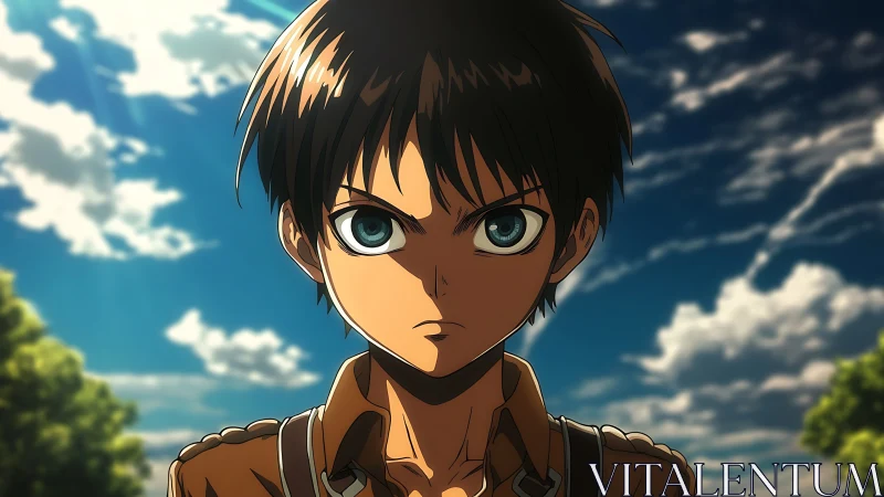 Determined anime hero standing strong under bright skies.