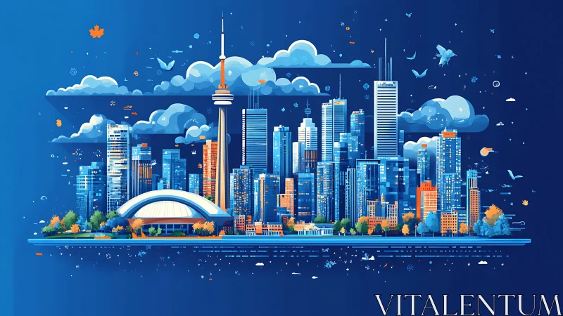 Toronto skyline unfolds in stylized blue city illustration.