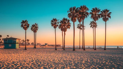 Sunlit palm trees line a tranquil beach at vivid sunset