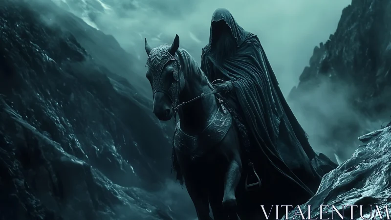 Midnight wraith rider prowls through storm‑scraped ravine.