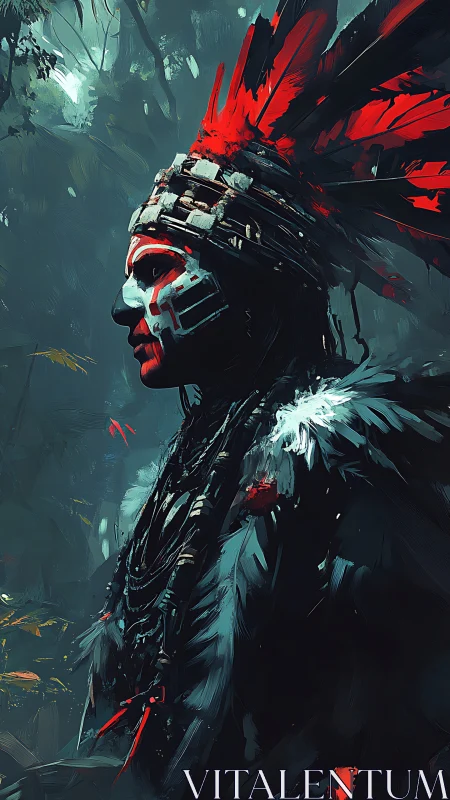 Profile portrait integrates red warpaint, feathered headdress, dense foliage