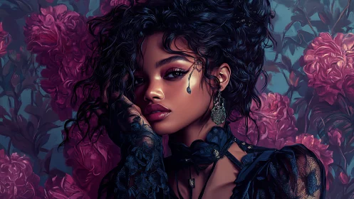 Woman in lace dress poses before dense pink floral backdrop